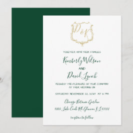 Invitación Escudo de oro monogramado y Boda verde forestal