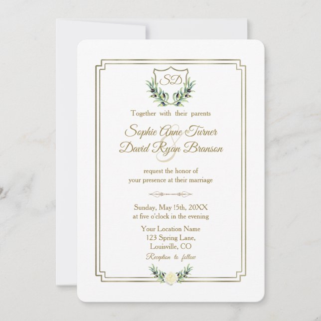 Invitación Escudo de oro real Boda de vegetación exuberante (Anverso)