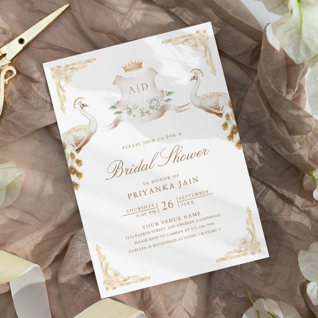Invitación Escudo de oro Royal White Peacock Bridal Shower (Subido por el creador)