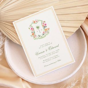 Invitación Escudo de palmeras Monograma Boda de playa tropica