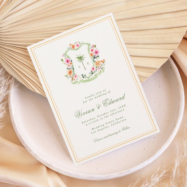 Invitación Escudo de palmeras Monograma Boda de playa tropica (Subido por el creador)