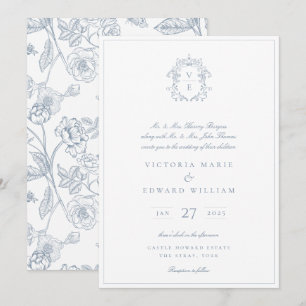 Invitación Escudo de Regencia Azul Dusty Monograma Boda