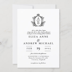 Invitación Escudo de Regencia Monograma Boda blanco y negro