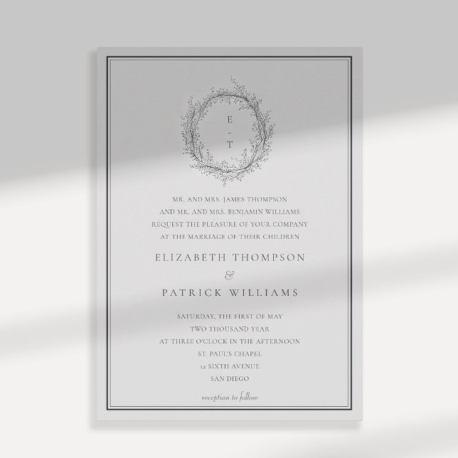 Invitación Escudo de vegetación silvestre Boda formal tradici (wildflowers wedding invitation black and white formal traditional botanical crest parents names)