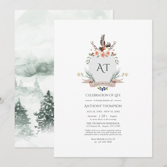 Invitación Escudo de Wild Woodland Laurel Celebración de Vida (Anverso / Reverso)