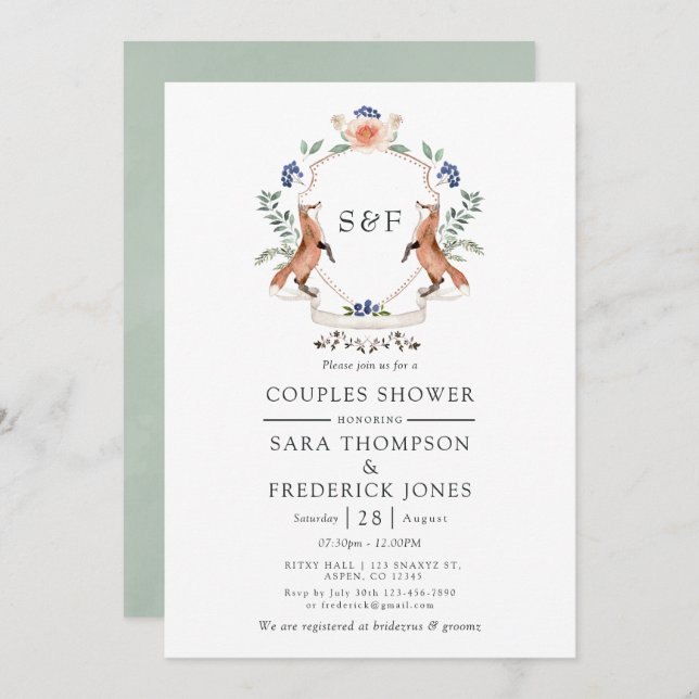 Invitación Escudo de Woodland Laurel Monogram Couples Shower  (Anverso / Reverso)