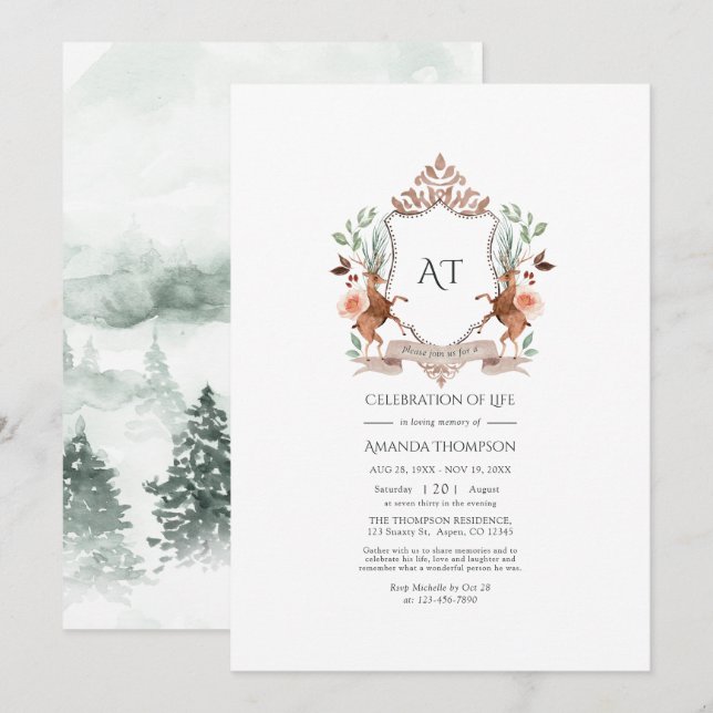 Invitación Escudo de Woodland Laurel Monograma Celebración de (Anverso / Reverso)