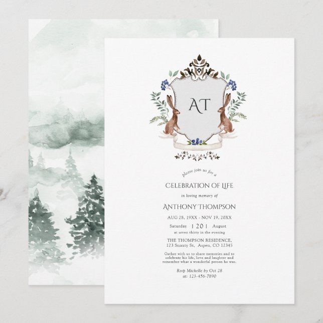 Invitación Escudo de Woodland Laurel Monograma Celebración de (Anverso / Reverso)