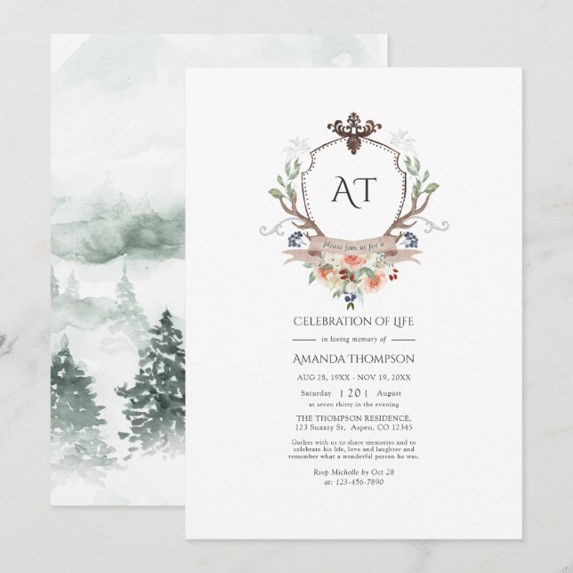 Invitación Escudo de Woodland Laurel Monograma Celebración de (Anverso / Reverso)