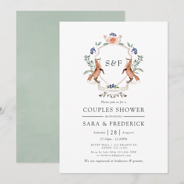 Invitación Escudo de Woodland Laurel Monograma Ducha Parejas (Anverso / Reverso)