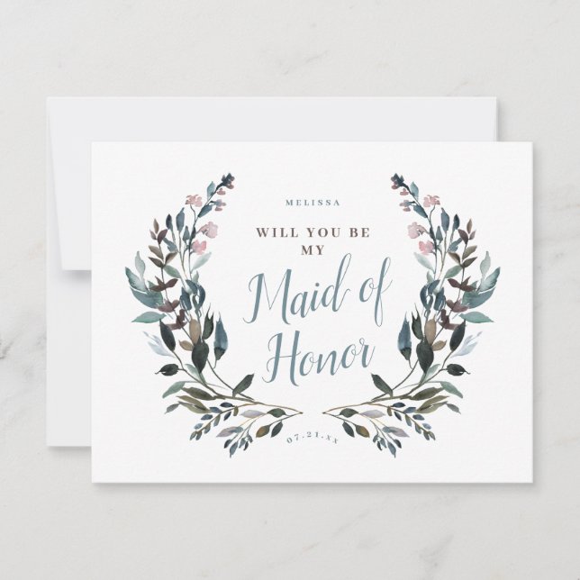 Invitación Escudo del Jardín Floral Azul niñera de honor (Anverso)