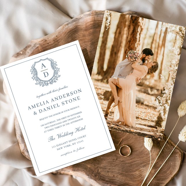 Invitación Escudo del Monograma Boda elegante del Dusty Blue  (Subido por el creador)