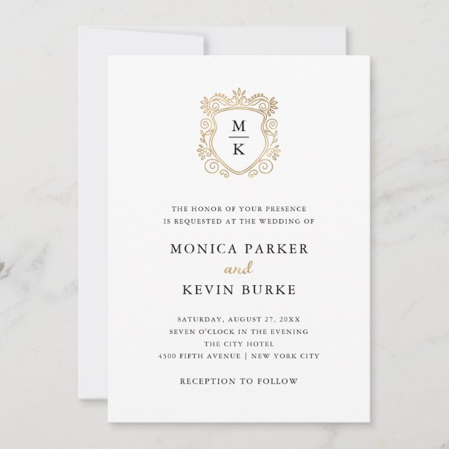 Invitación Escudo dorado | Elegante Boda blanco y negro (Anverso)