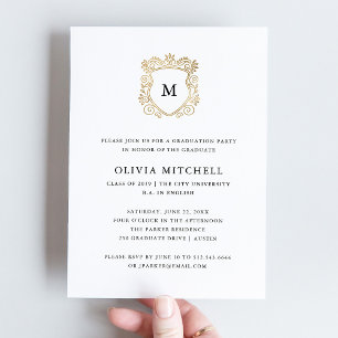Invitación Escudo dorado   Elegante fiesta de graduación