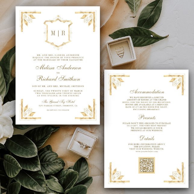 Invitación Escudo dorado Monograma Código QR Boda blanco (Subido por el creador)