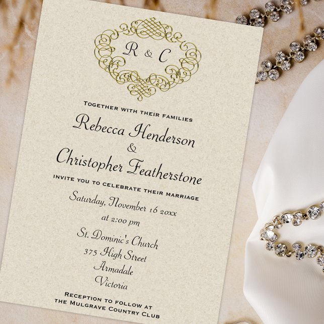 Invitación Escudo Dorado Monogramed Elegance: Boda Beige (Subido por el creador)
