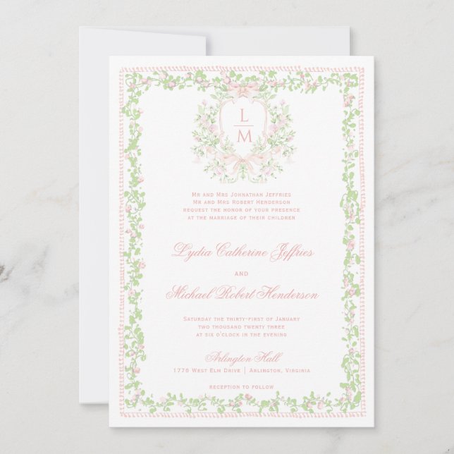 Invitación Escudo dulce con Rubor Pink Bow | Boda de monogram (Anverso)
