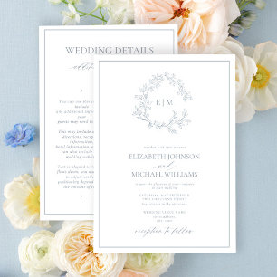 Invitación Escudo Dusty Blue Leafy Monograma Boda de detalles