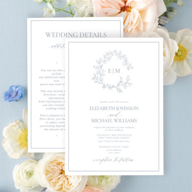 Invitación Escudo Dusty Blue Leafy Monograma Boda de detalles (Subido por el creador)