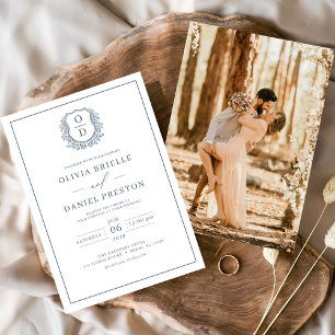 Invitación Escudo Dusty Blue Leafy Monograma Boda fotográfico