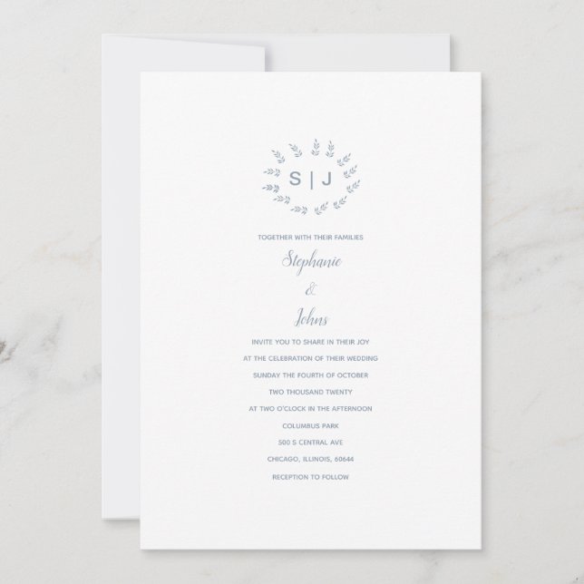 Invitación Escudo Dusty Blue Leafy Personalizado Boda simple  (Anverso)