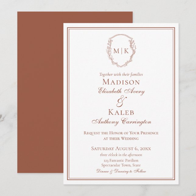 Invitación Escudo elegante botánico monograma terracota dibuj (Anverso / Reverso)