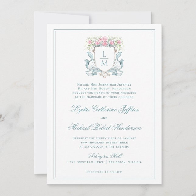 Invitación Escudo elegante con Rosas | Boda de monograma (Anverso)
