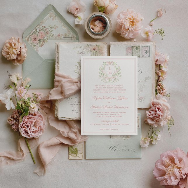 Invitación Escudo elegante con Rubor Pink Bow | Boda de monog (Green envelope and other items not included.)