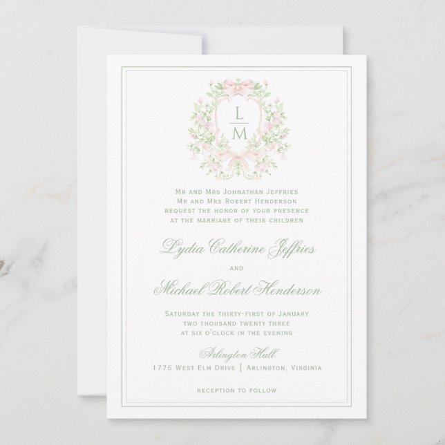 Invitación Escudo elegante con Rubor Pink Bow | Boda de monog (Anverso)