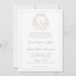 Invitación Escudo elegante con Rubor Pink Bow | Boda de monog