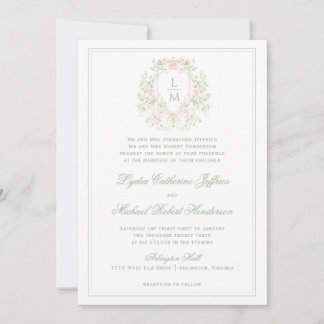 Invitación Escudo elegante con Rubor Pink Bow | Boda de monog