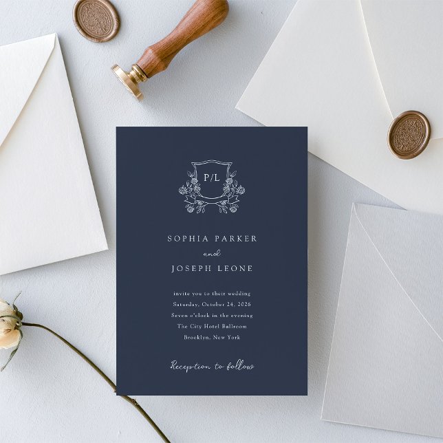 Invitación Escudo elegante y monograma | Boda azul de la Mari (Subido por el creador)