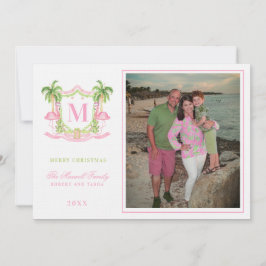 Invitación Escudo Flamingo Navidades Preppy Monograma