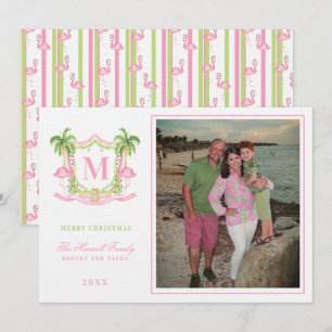 Invitación Escudo Flamingo Navidades Preppy Monograma