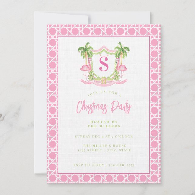 Invitación Escudo Flamingo Navidades Preppy Monograma (Anverso)