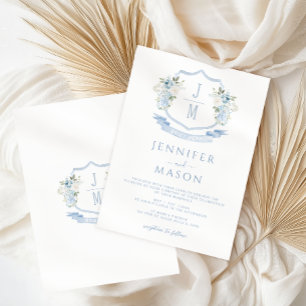 Invitación Escudo floral azul claro Monograma Boda