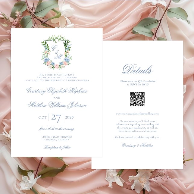 Invitación Escudo Floral Azul Dusto En Un Boda (Subido por el creador)