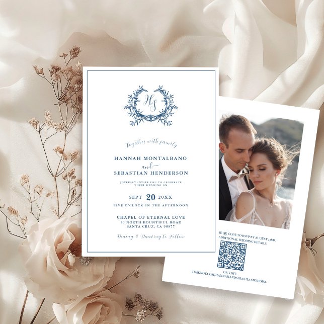 Invitación Escudo Floral Azul Dusty Boda de código QR Foto (Subido por el creador)