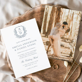 Invitación Escudo Floral Azul Dusty Boda Monograma Elegante