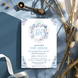 Invitación Escudo floral azul es un chico Baby Shower