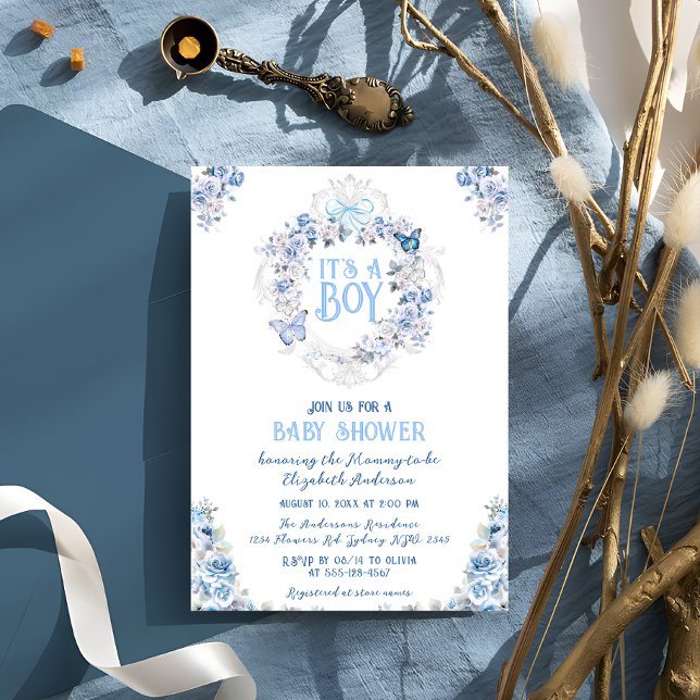 Invitación Escudo floral azul es un chico Baby Shower (Subido por el creador)