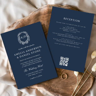 Invitación Escudo floral azul marino Monograma Boda Código QR