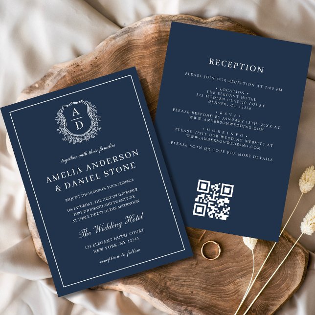 Invitación Escudo floral azul marino Monograma Boda Código QR (Subido por el creador)