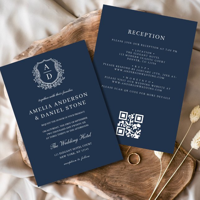 Invitación Escudo floral azul marino Monograma Boda Código QR (Subido por el creador)