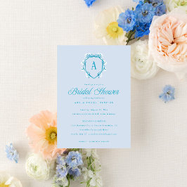 Invitación Escudo Floral Azul Monograma Ducha Británica