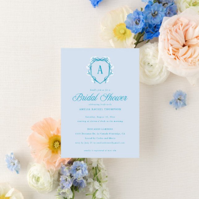 Invitación Escudo Floral Azul Monograma Ducha Británica (Subido por el creador)