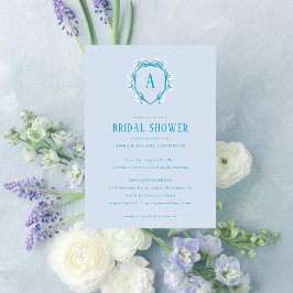 Invitación Escudo floral azul Monograma ducha de novia inicia