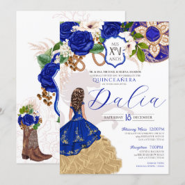 Invitación Escudo floral azul real Rosa Charro Quinceañera