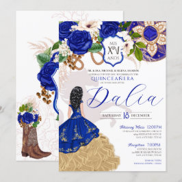 Invitación Escudo floral azul real Rosa Charro Quinceañera