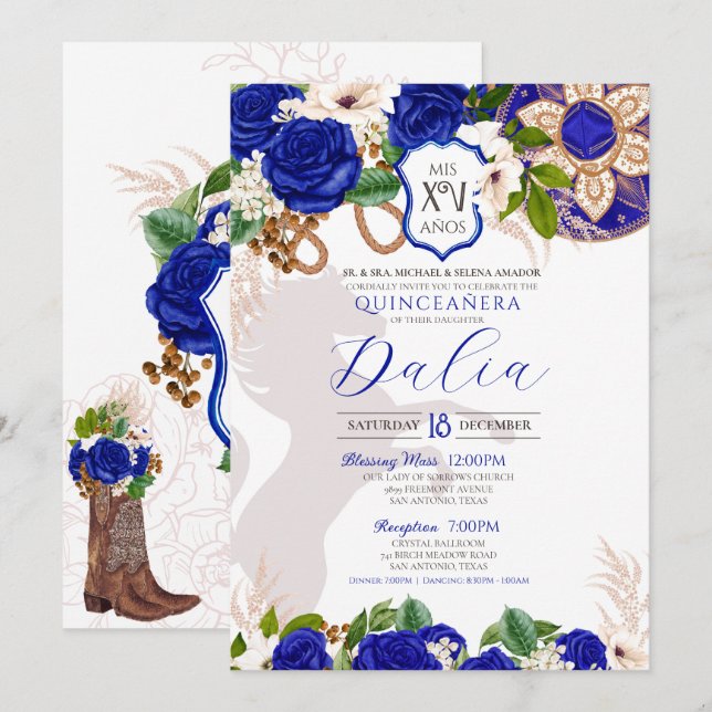 Invitación Escudo floral azul real Rosa Charro Quinceañera (Anverso / Reverso)